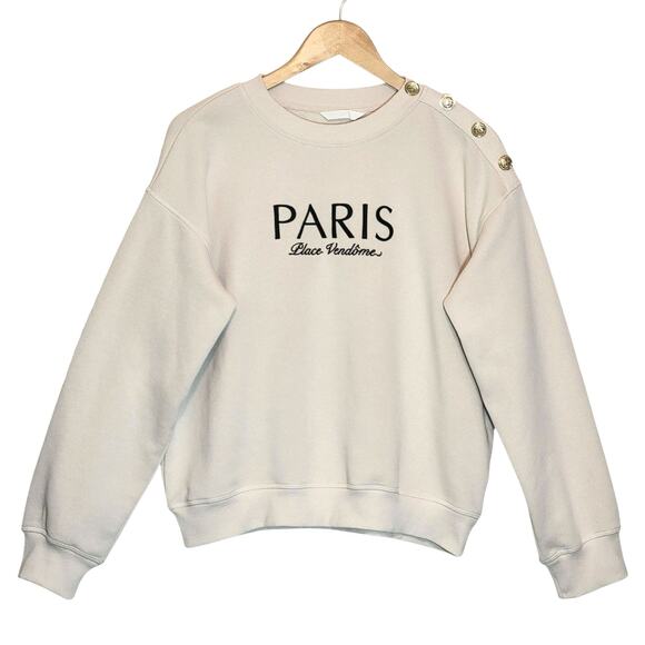 H&M Cream Paris Embroidered Sweatshirt Gold Buttons Chic Streetwear Fall Size M - Picture 1 of 12
